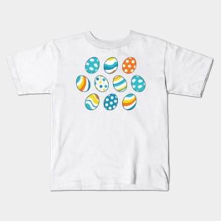 Egg Pattern | Blue Yellow Orange | Stripes Clouds Flowers Dots | White Kids T-Shirt